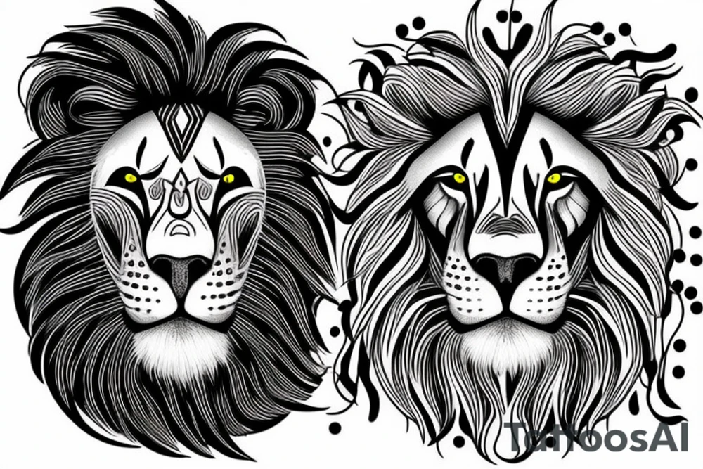 Lion face design, mental illusion, close up of different animals tattoo idea
