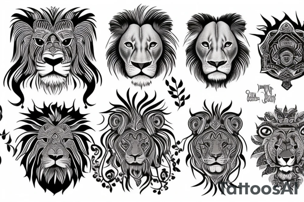 Lion face design, mental illusion, close up of different animals tattoo idea