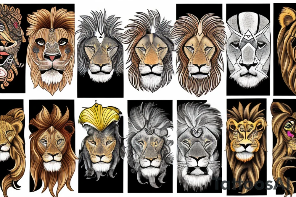 A lion with different animals on its face tattoo idea