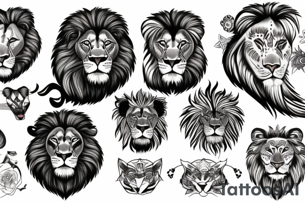 A lion with different animals on its face tattoo idea