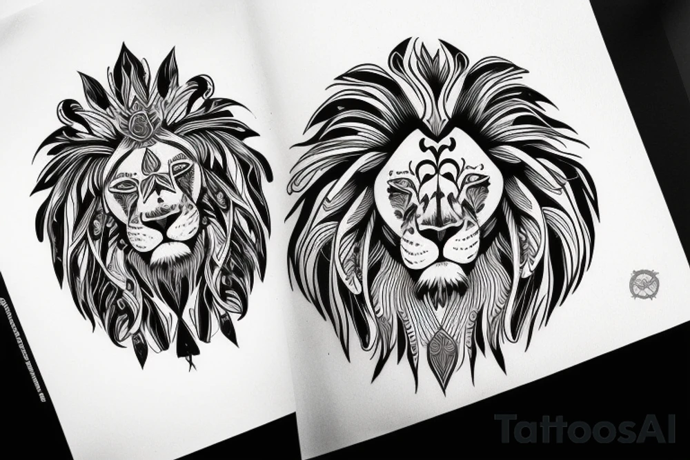 Lion face design, mental illusion, close up of different animals tattoo idea