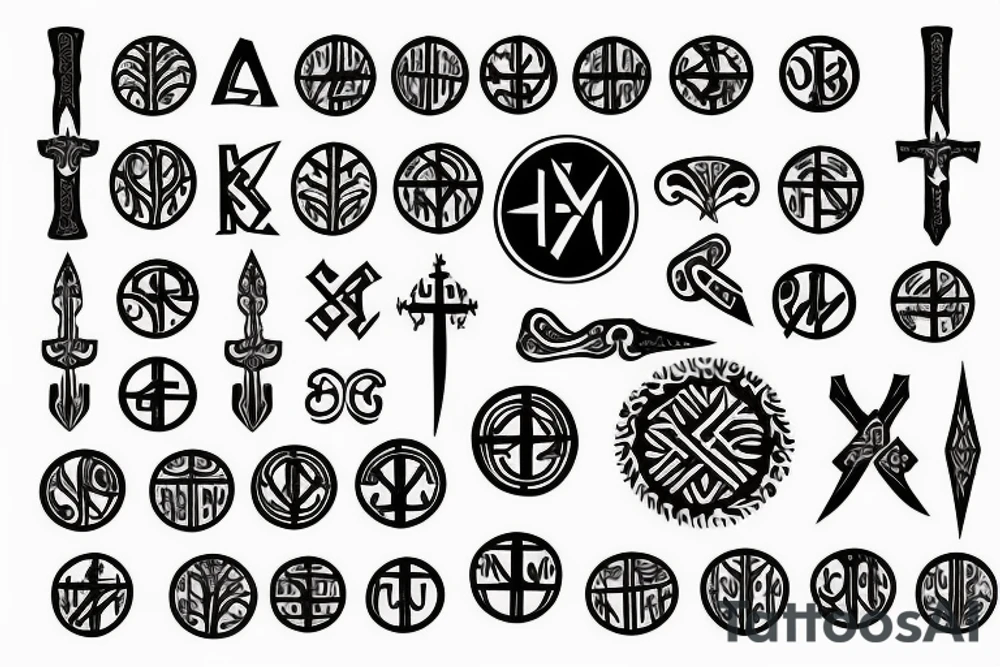 slavic runes, sun, tree line, sword, kolovrat tattoo idea