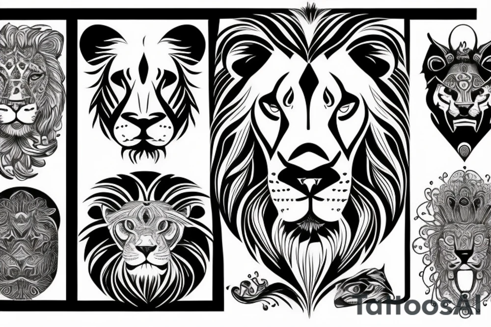 Lion face design, mental illusion, close up of different animals tattoo idea