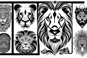Lion face design, mental illusion, close up of different animals tattoo idea