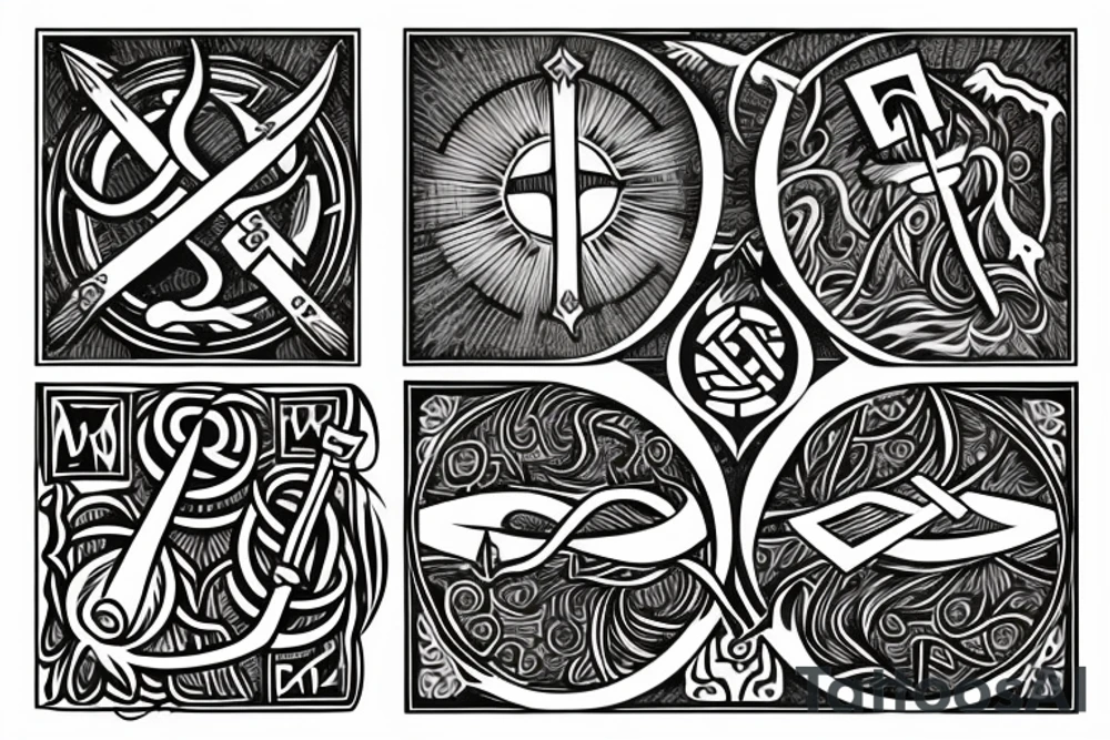 slavic runes, sun, tree line, sword, kolovrat tattoo idea