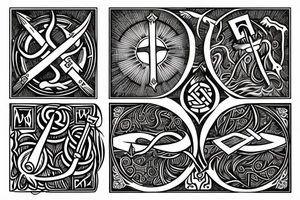 slavic runes, sun, tree line, sword, kolovrat tattoo idea