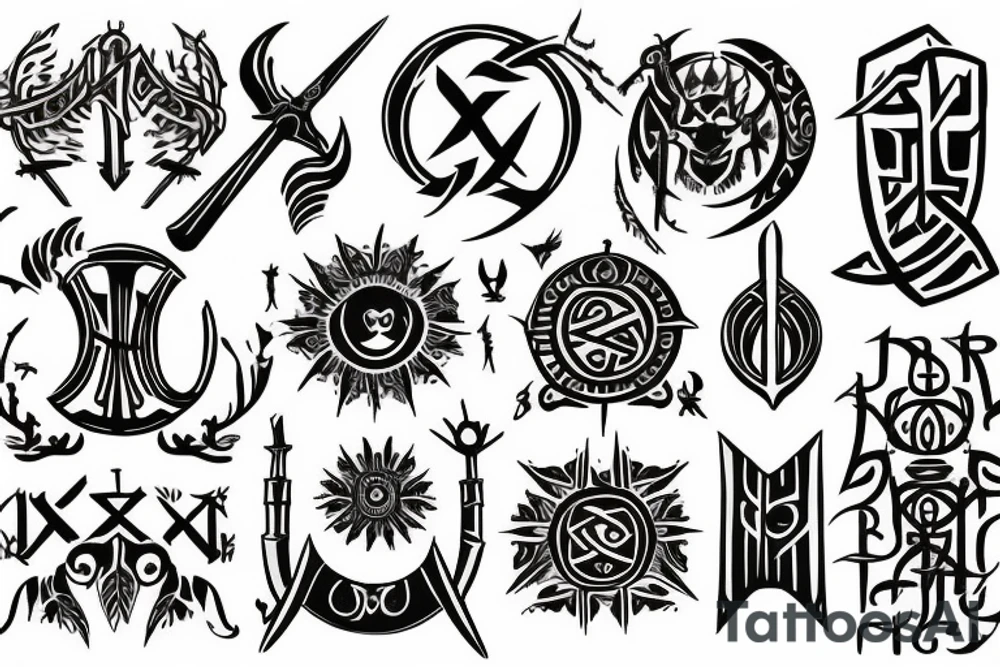 slavic runes, sun, tree line, sword, kolovrat tattoo idea