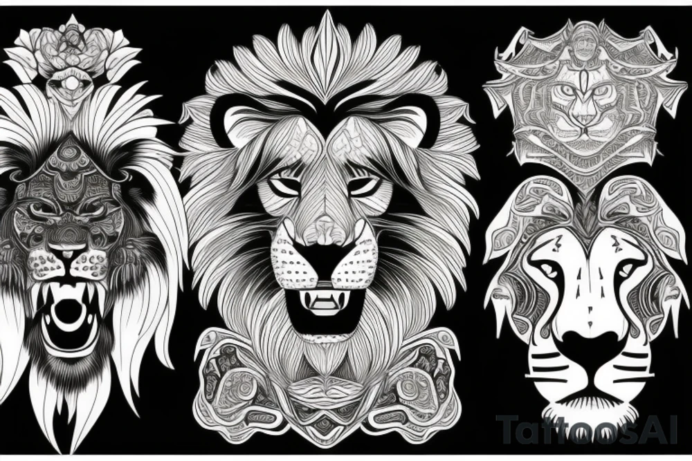 Lion face design, mental illusion, close up of different animals tattoo idea