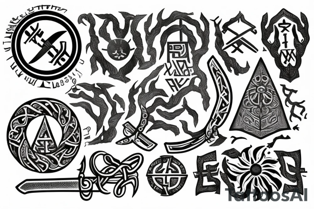 slavic runes, sun, tree line, sword, kolovrat tattoo idea