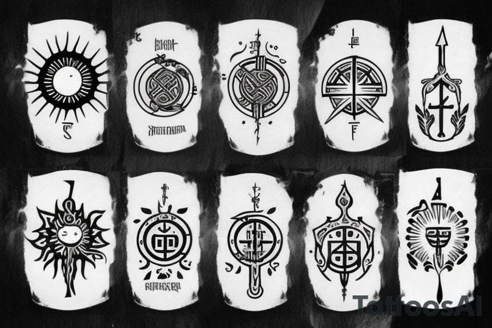 slavic runes, sun, tree line, sword, kolovrat tattoo idea