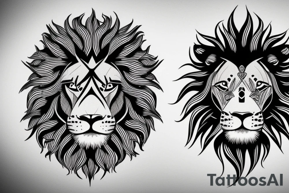 Lion face design, mental illusion, close up of different animals tattoo idea