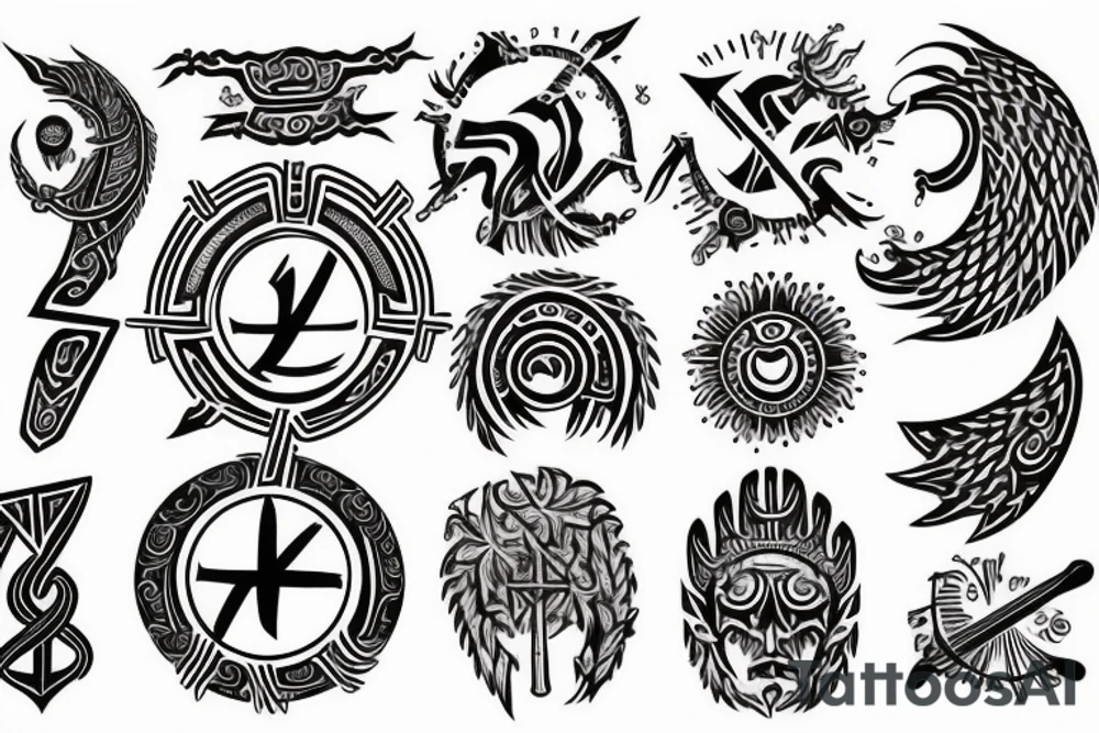 slavic runes, sun, tree line, sword, kolovrat tattoo idea