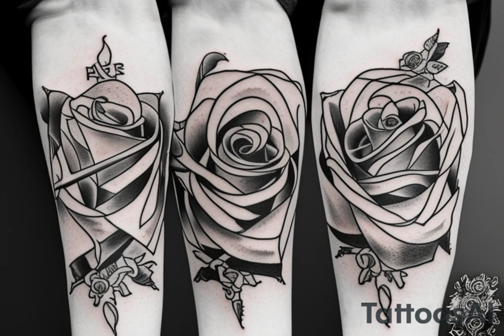Sword with flame and rose on forearm tattoo idea