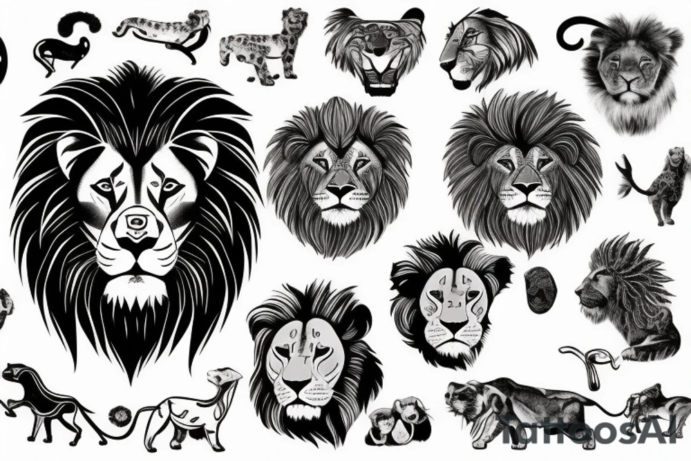 A lion with different animals on its face tattoo idea A lion with different animals on its face tattoo idea
