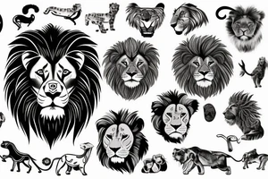 A lion with different animals on its face tattoo idea