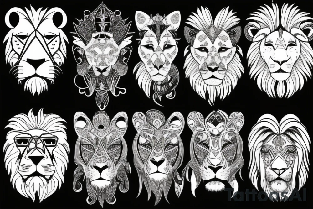 A lion with different animals on its face tattoo idea A lion with different animals on its face tattoo idea
