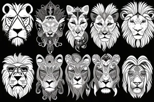 A lion with different animals on its face tattoo idea