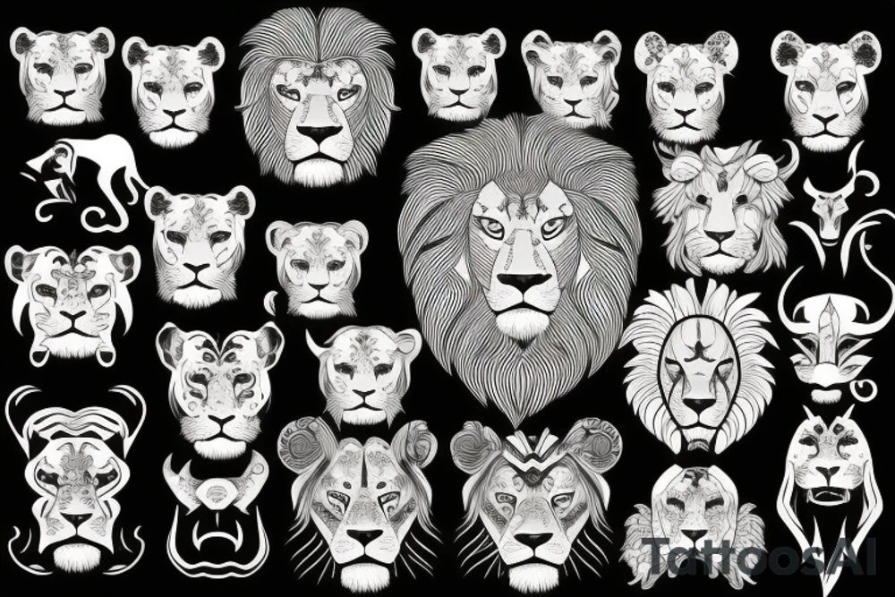 A lion with different animals on its face tattoo idea A lion with different animals on its face tattoo idea