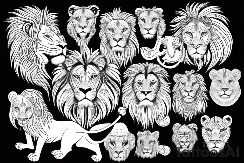 A lion with different animals on its face tattoo idea