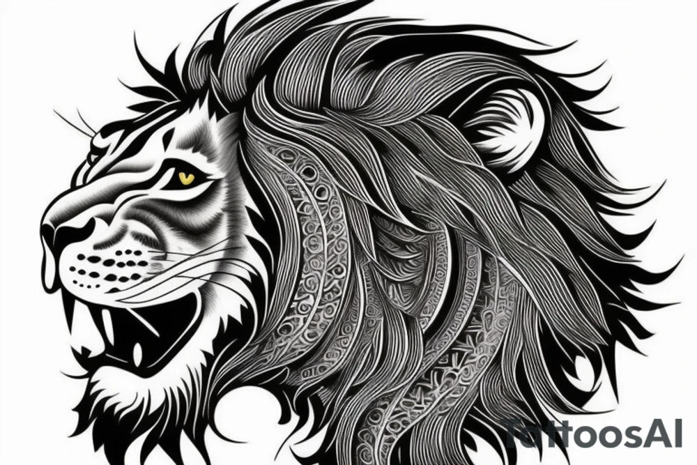 Lion face design, mental illusion, close up of different animals tattoo idea