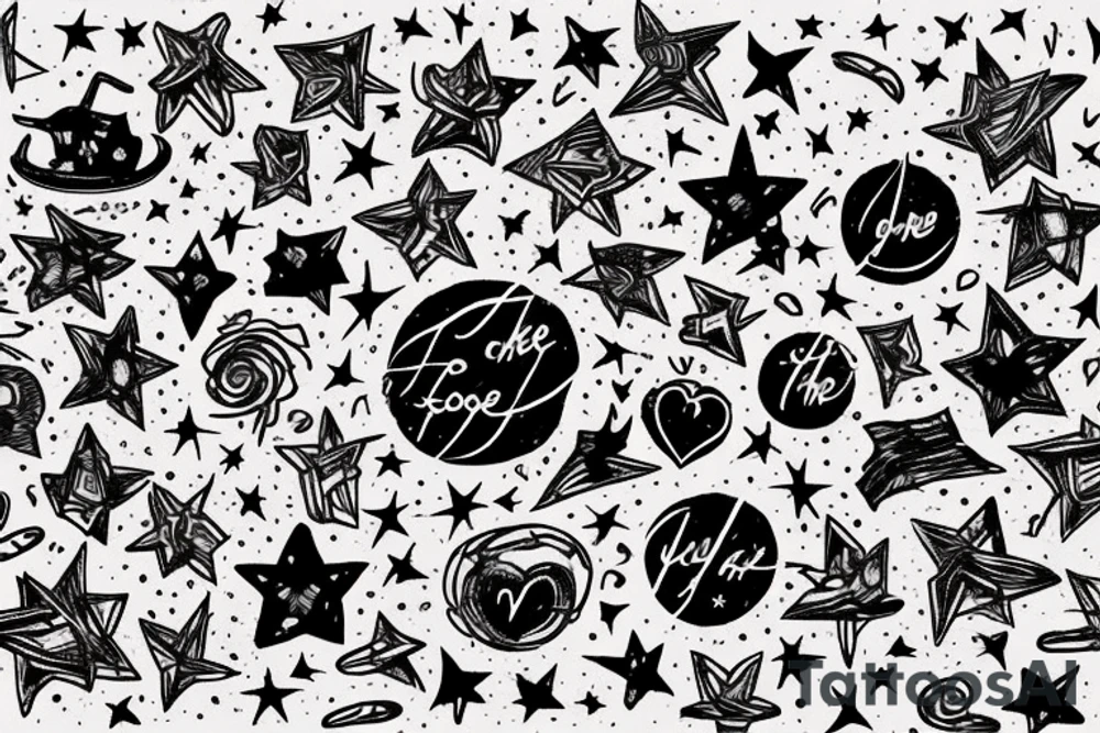 the phrase "Look at the sky tonight, all of the stars have a reason" in the style of scribbling, which is wrapped around a centipede, around the phrase are small stars and broken hearts tattoo idea