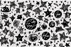 the phrase "Look at the sky tonight, all of the stars have a reason" in the style of scribbling, which is wrapped around a centipede, around the phrase are small stars and broken hearts tattoo idea