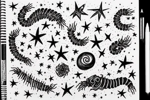 the phrase "Look at the sky tonight, all of the stars have a reason" in the style of scribbling, which is wrapped around a centipede, around the phrase are small stars and broken hearts tattoo idea