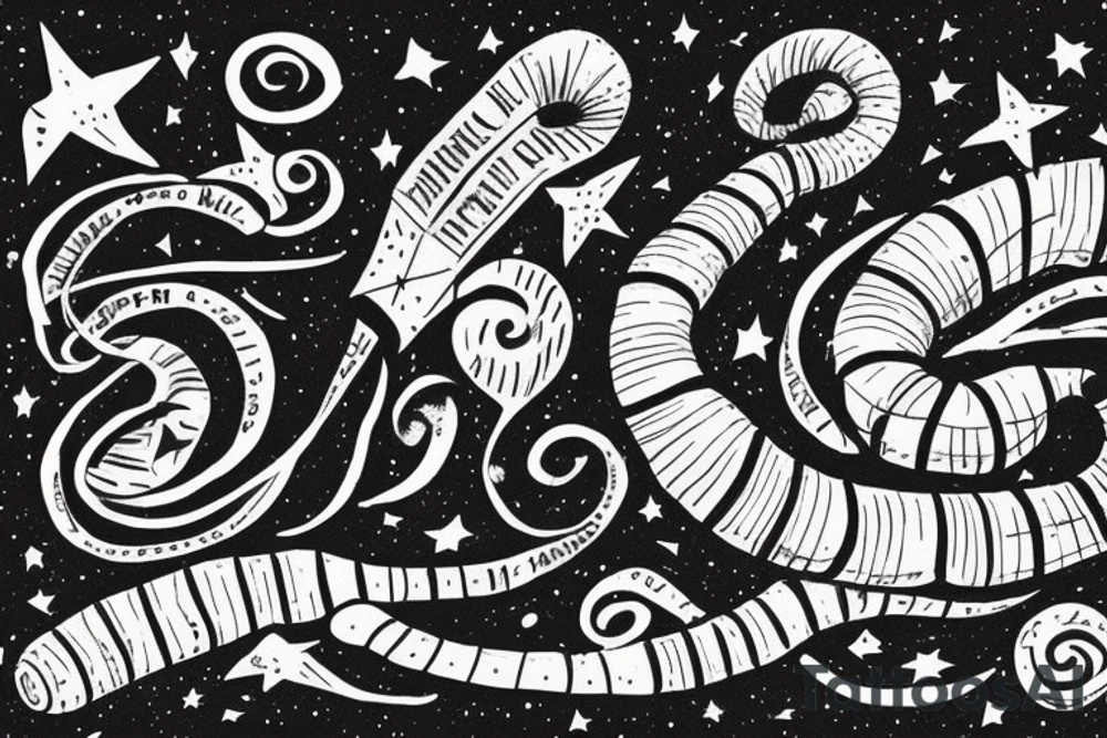 the phrase "Look at the sky tonight, all of the stars have a reason" in scribbled style, in 2 terms, which is wrapped around a centipede, around the phrase are small stars and broken hearts.  emo, goth tattoo idea