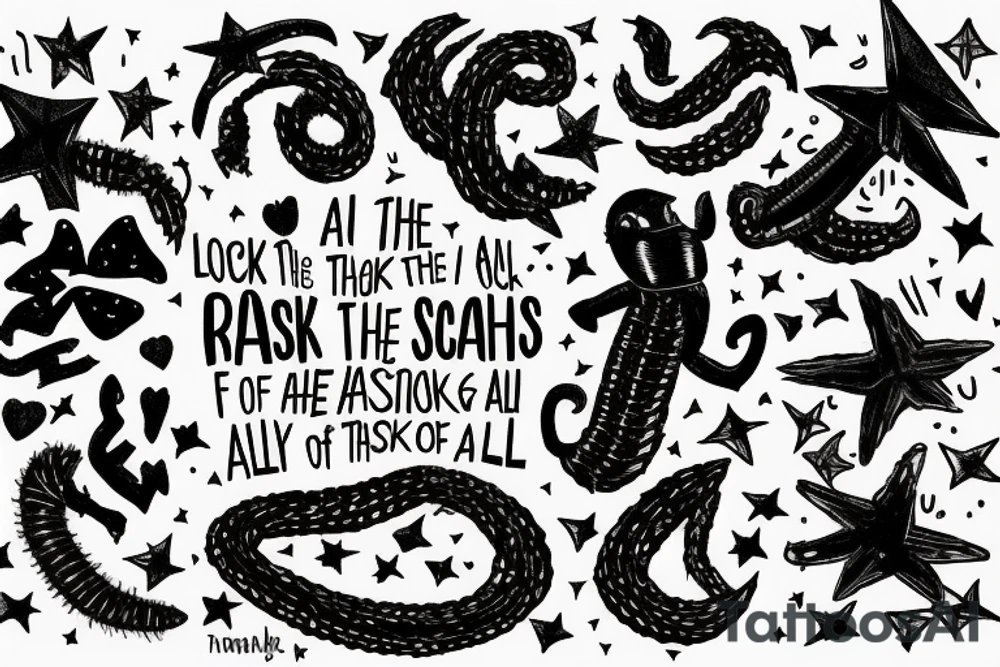 the phrase "Look at the sky tonight, all of the stars have a reason" in scribbled style, in 2 terms, which is wrapped around a centipede, around the phrase are small stars and broken hearts.  emo, goth tattoo idea