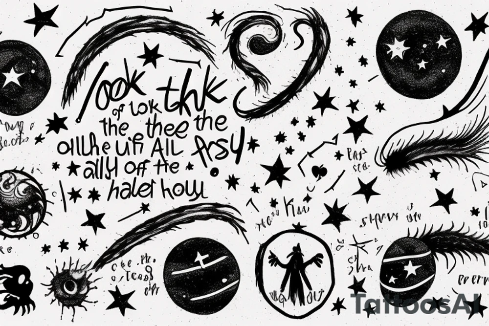 the phrase "Look at the sky tonight, all of the stars have a reason" in scribbled style, in 2 terms, which is wrapped around a centipede, around the phrase are small stars and broken hearts.  emo, goth tattoo idea