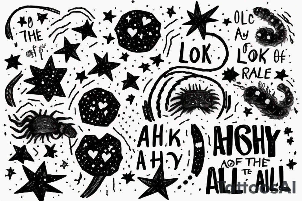 the phrase "Look at the sky tonight, all of the stars have a reason" in scribbled style, in 2 terms, which is wrapped around a centipede, around the phrase are small stars and broken hearts.  emo, goth tattoo idea