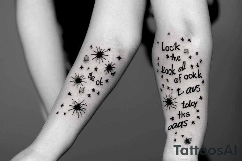 the phrase "Look at the sky tonight, all of the stars have a reason" in scribbled style, in 2 terms, which is wrapped around a centipede, around the phrase are small stars and broken hearts.  emo, goth tattoo idea