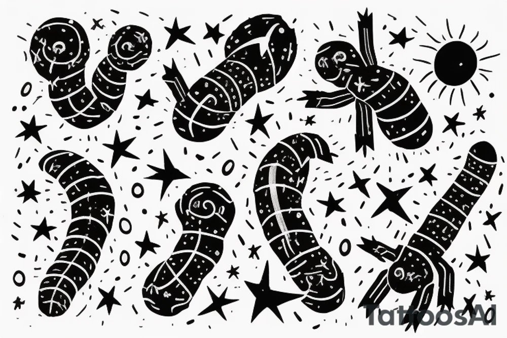 the phrase "Look at the sky tonight, all of the stars have a reason" in scribbled style, in 2 terms, which is wrapped around a centipede, around the phrase are small stars and broken hearts.  emo, goth tattoo idea