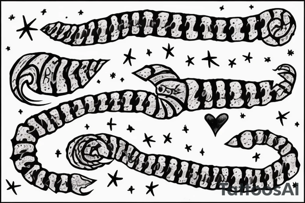 the phrase "Look at the sky tonight, all of the stars have a reason" in scribbled style, in 2 terms, which is wrapped around a centipede, around the phrase are small stars and broken hearts.  emo, goth tattoo idea