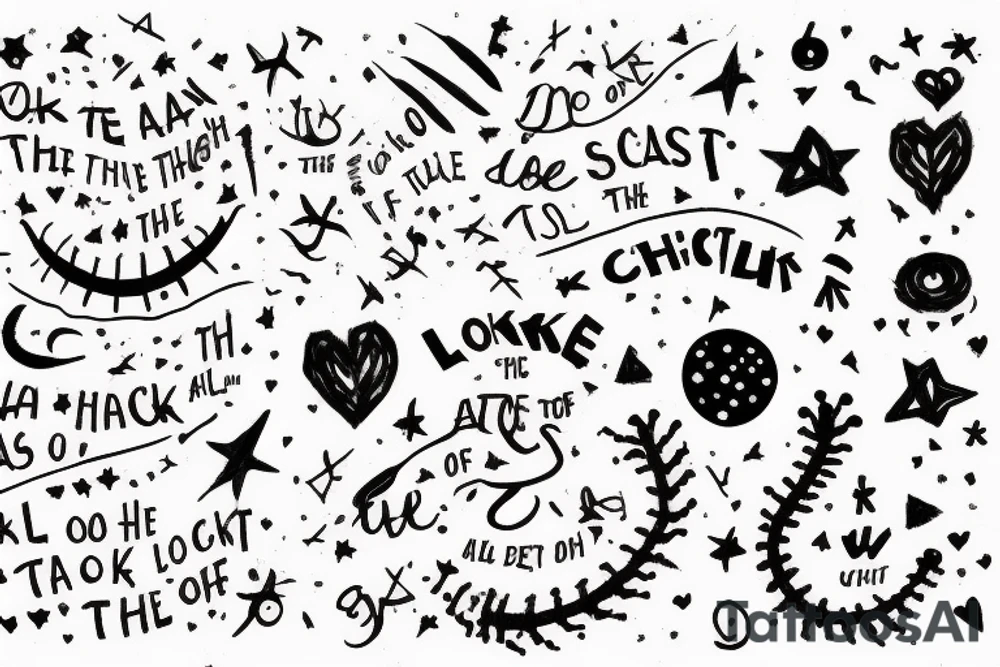 the phrase "Look at the sky tonight, all of the stars have a reason" in scribbled style, in 2 terms, which is wrapped around a centipede, around the phrase are small stars and broken hearts.  emo, goth tattoo idea