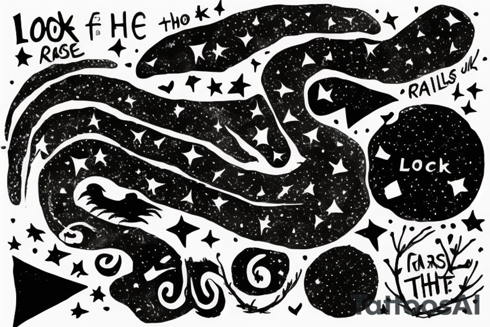 the phrase "Look at the sky tonight, all of the stars have a reason" in scribbled style, in 2 terms, which is wrapped around a centipede, around the phrase are small stars and broken hearts.  emo, goth tattoo idea