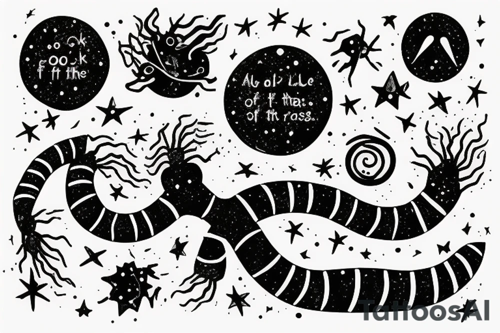 the phrase "Look at the sky tonight, all of the stars have a reason" in scribbled style, in 2 terms, which is wrapped around a centipede, around the phrase are small stars and broken hearts.  emo, goth tattoo idea