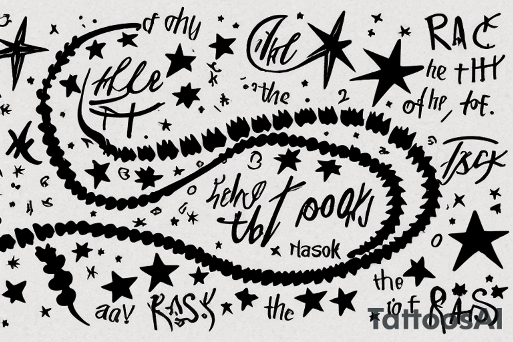 the phrase "Look at the sky tonight, all of the stars have a reason" in scribbled style, in 2 terms, which is wrapped around a centipede, around the phrase are small stars and broken hearts.  emo, goth tattoo idea