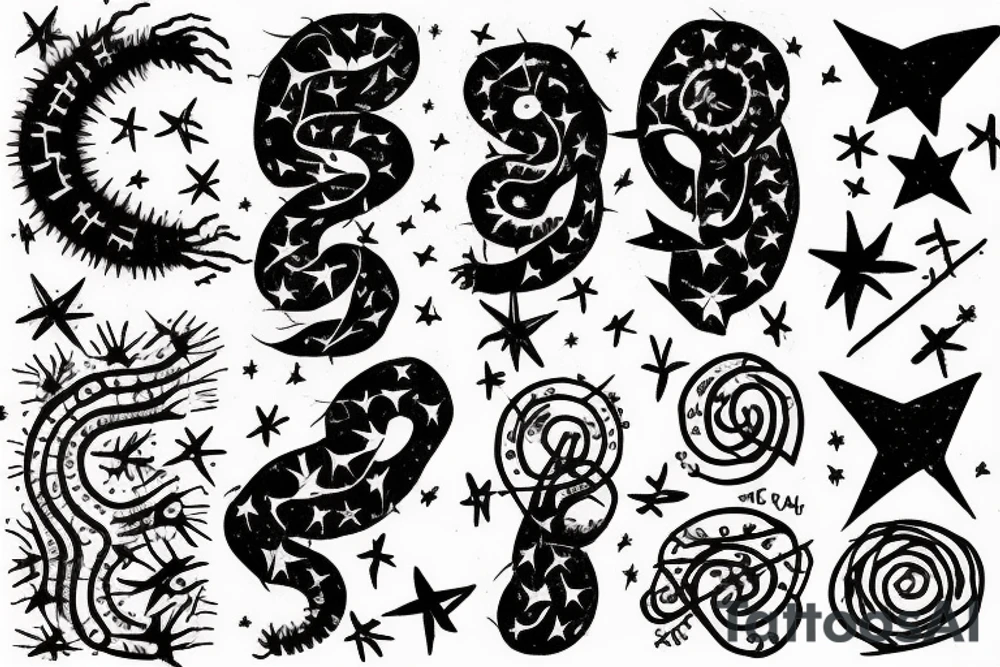 the phrase "Look at the sky tonight, all of the stars have a reason" in scribbled style, in 2 terms, which is wrapped around a centipede, around the phrase are small stars and broken hearts.  emo, goth tattoo idea