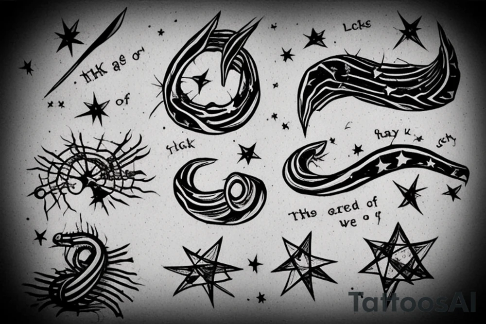 the phrase "Look at the sky tonight, all of the stars have a reason" as if carved with a knife, in 2 terms, which is wrapped around a centipede, around the phrase are small stars and broken hearts.  emo, goth tattoo idea