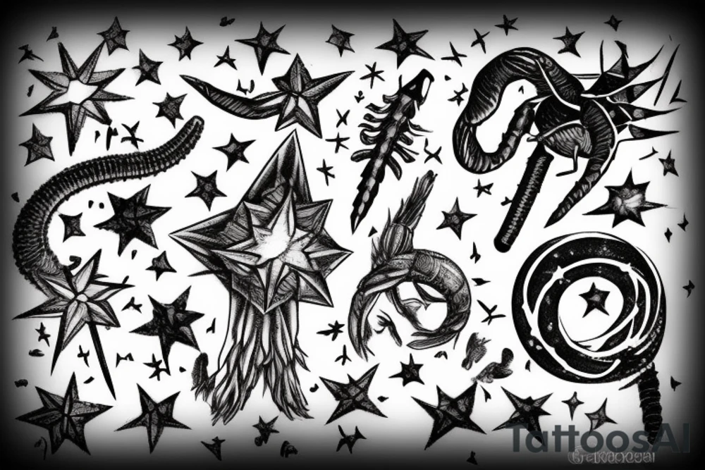 the phrase "Look at the sky tonight, all of the stars have a reason" as if carved with a knife, in 2 terms, which is wrapped around a centipede, around the phrase are small stars and broken hearts.  emo, goth tattoo idea