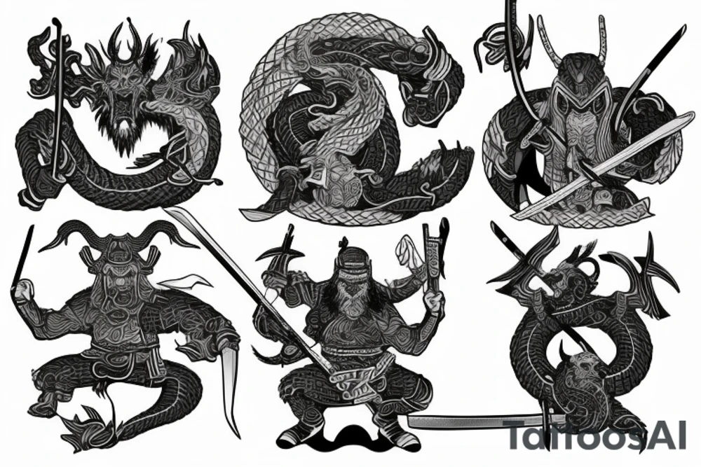 A Viking samurai with axe and katana named dragon lord tattoo idea