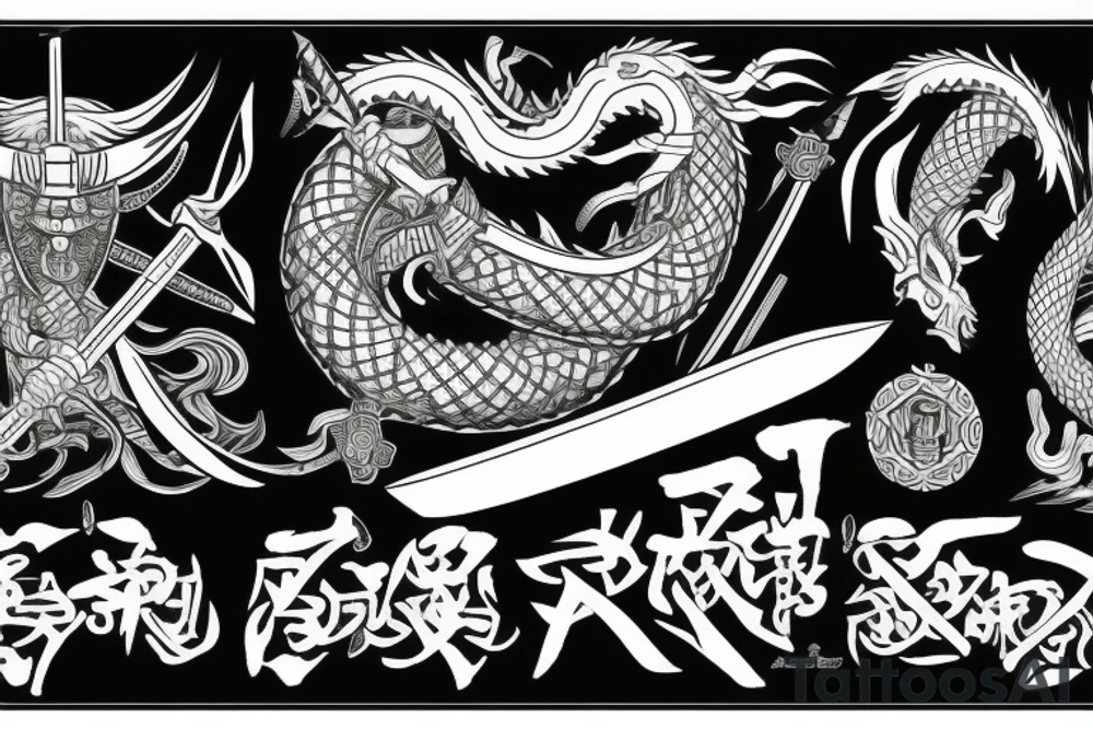 A Viking samurai with an axe and katana named dragon lord tattoo idea