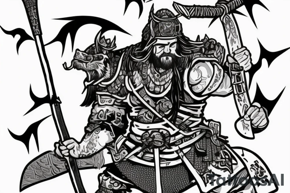A Viking samurai with an axe and katana named dragon lord tattoo idea