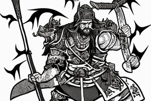 A Viking samurai with an axe and katana named dragon lord tattoo idea
