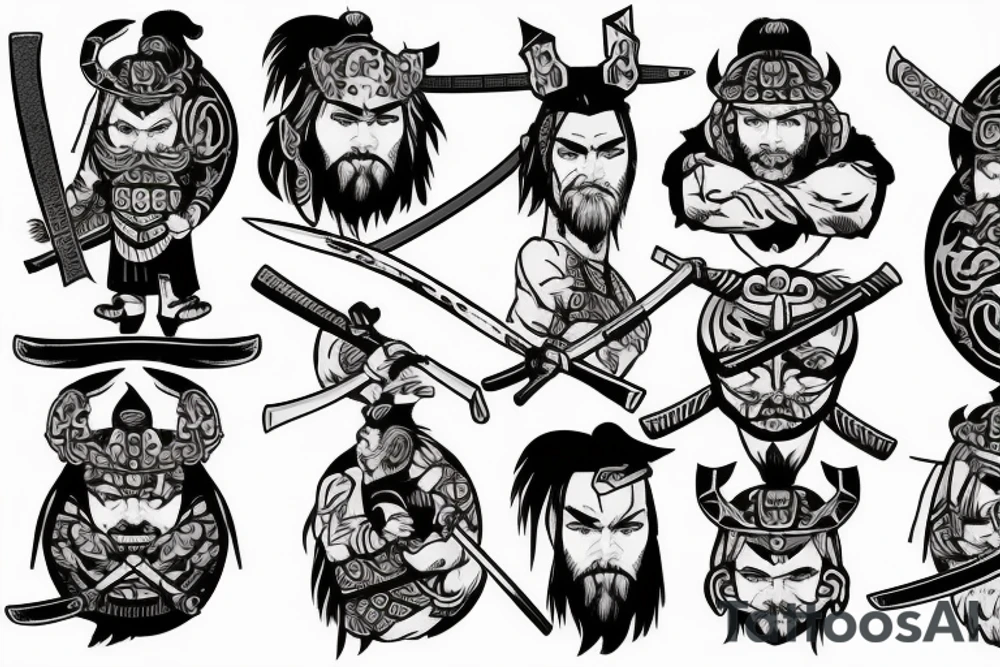 A Viking samurai with an axe and katana tattoo idea