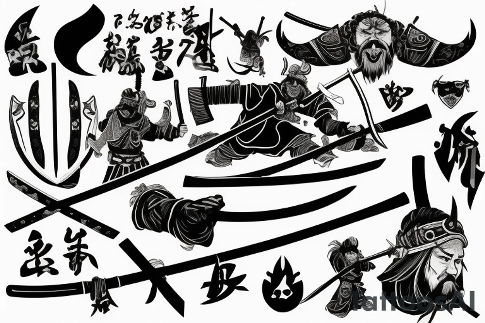 A Viking samurai with an axe and katana tattoo idea A Viking samurai with an axe and katana tattoo idea