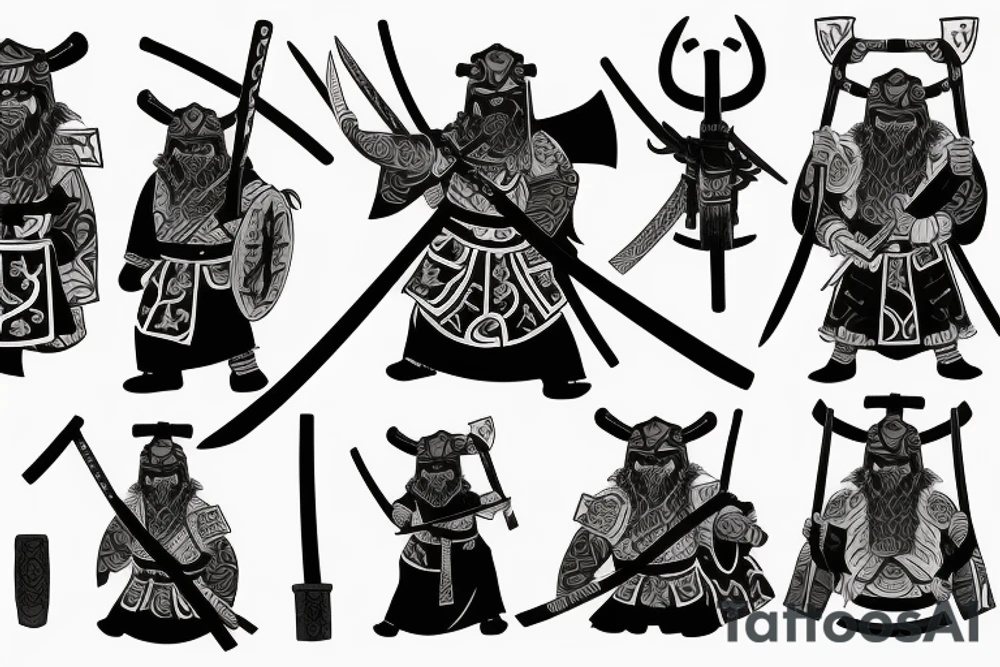 A Viking samurai with an axe and katana tattoo idea