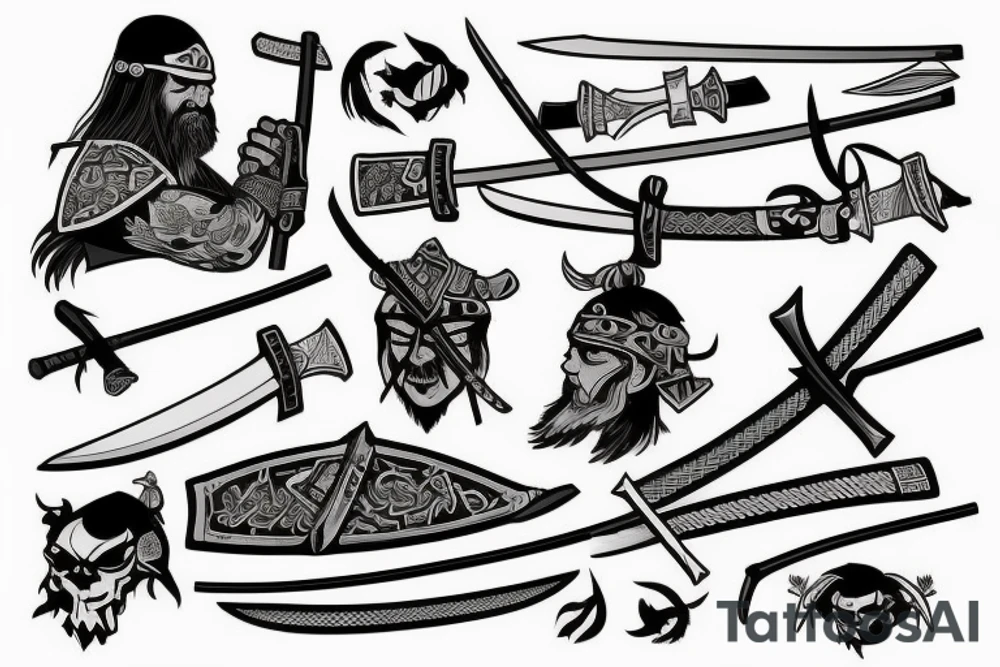 A Viking samurai with an axe and katana tattoo idea