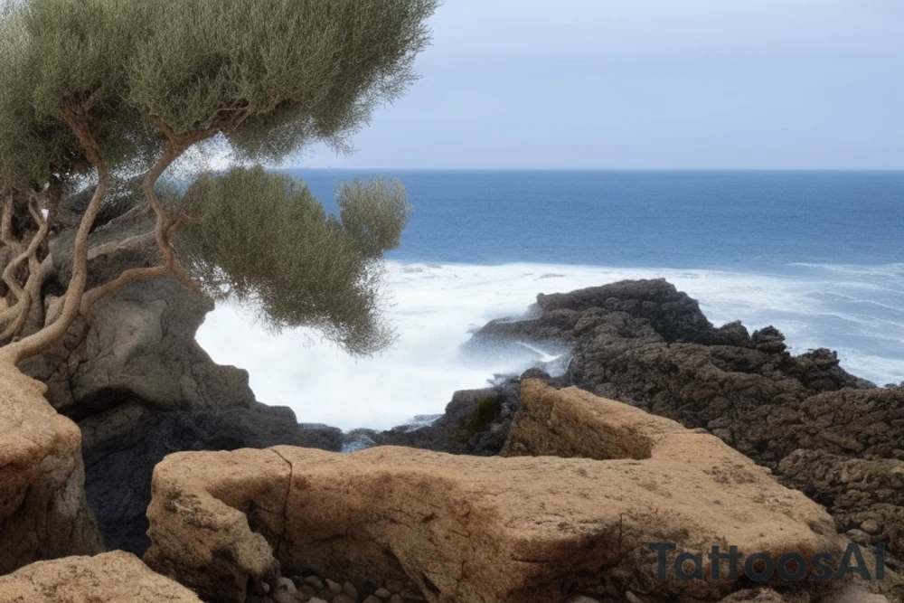 The design features an olive tree with its roots planted in a rocky cliff, overlooking a vast and tumultuous sea. The waves are depicted in a realistic style, with detailed shading and intricate patterns that create a sense of movement and depth.

The olive tree is drawn in a minimalist style, with thin, delicate lines that contrast with the bold and dynamic waves. The leaves of the tree are depicted in a way that suggests movement and energy, as if they are being blown by the wind tattoo idea